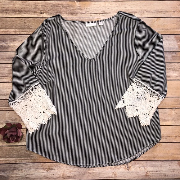 New York & Company Tops - New York & Co Striped Lace Bell Sleeve Top XL